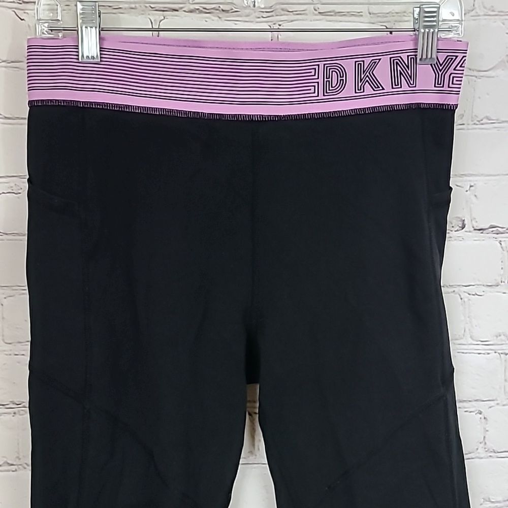 DKNY Sport High Waist Compression Leggings Side Pockets Track Logo Black/Pink L - Picture 8 of 12